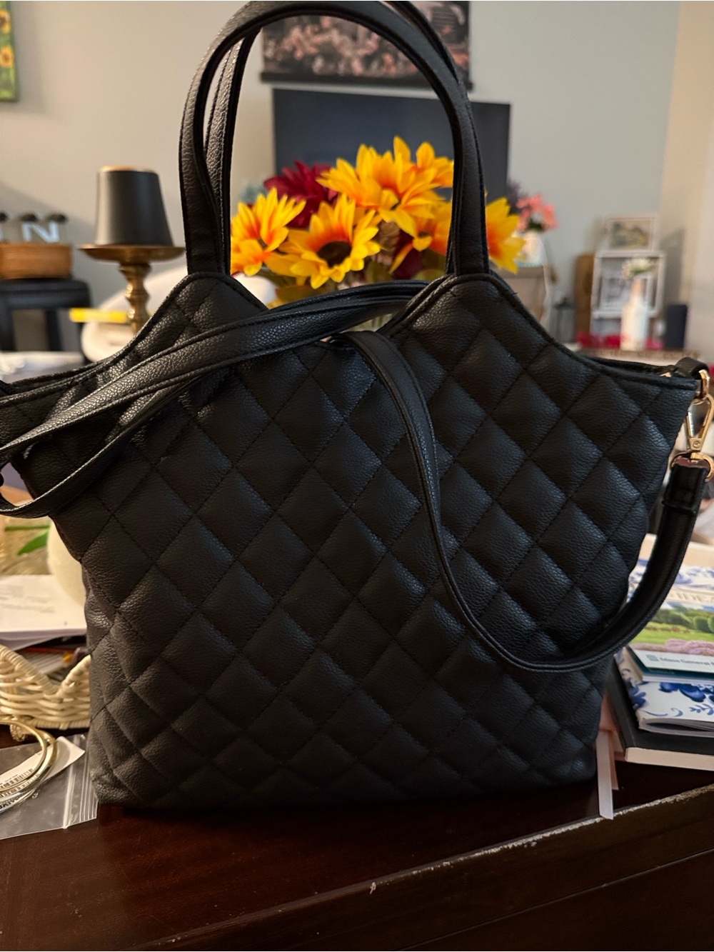 Quilted Black Leather Tote with Detachable Strap